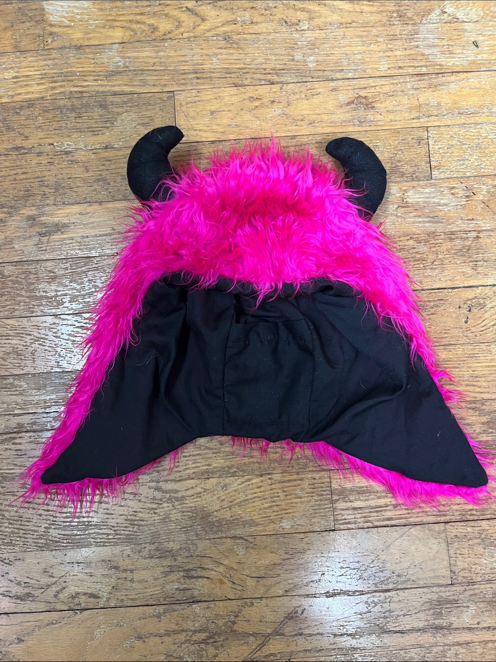 Kids Pink Furry Monster Hooded Costume Hat with Black Horns